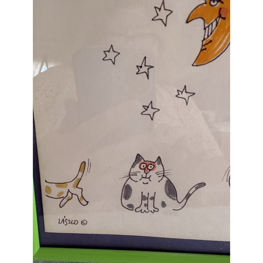 Cat Drawing - Signed Laszlo - Cat, Moon, Stars - Standing Or Hanging Frame‎ - Picture 3 of 6